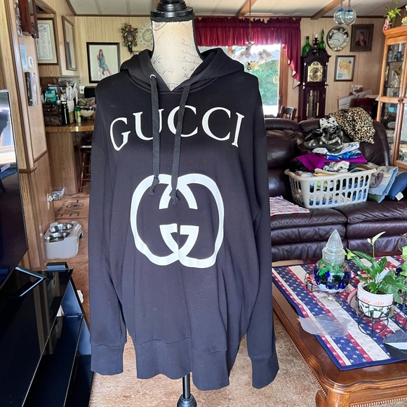 GUCCI Interlocking G Hoodie cotton Black White Used mens size L logo. - Picture 1 of 17
